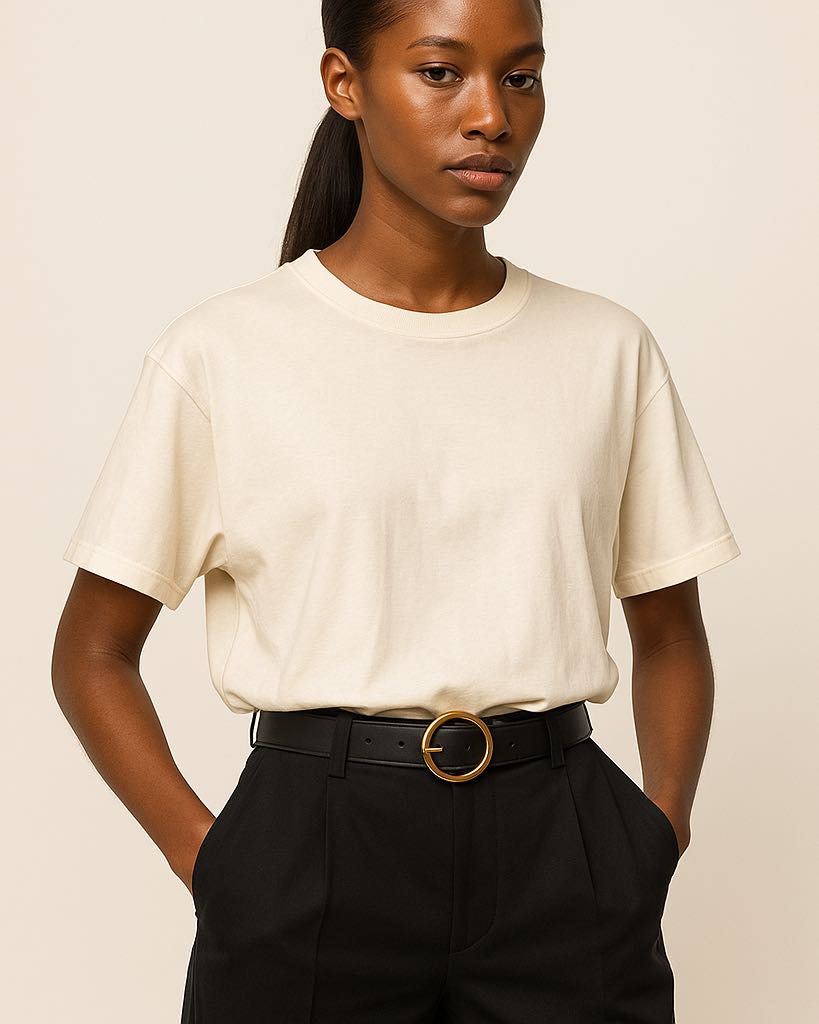 Biały, elegancki t-shirt damski z bawełny na modelce - przód.