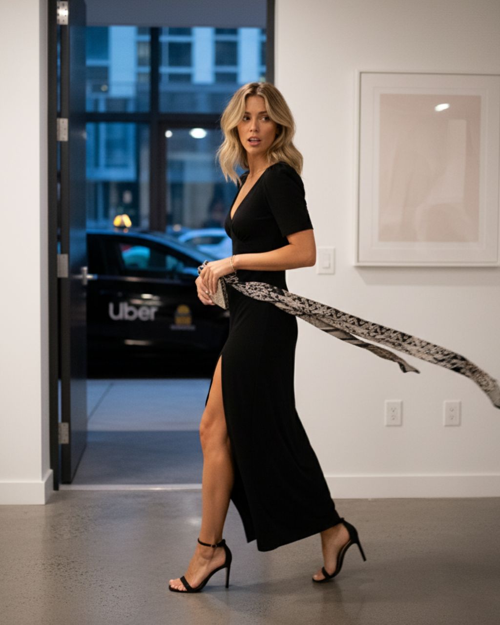 Czarna, długa sukienka z dekoltem V i rozcięciem na nodze na modelce - bok.