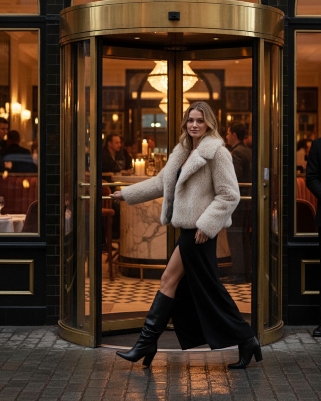 Czarna, długa sukienka z rozcięciem na nodze na modelce - stylizacja z kurtką ze sztucznego futra - bok.